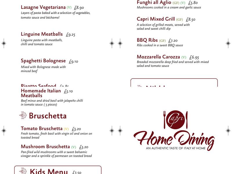 Capri Home Dining Menu