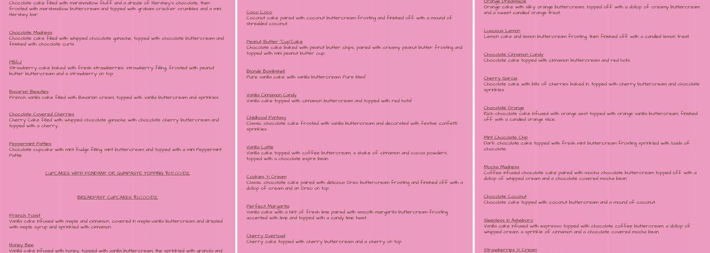 Frosted Dreams Cakes and More Menu