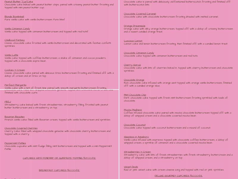 Frosted Dreams Cakes and More Menu