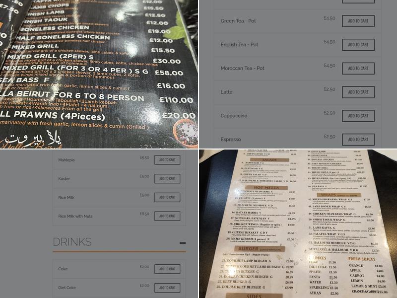 Yalla Beirut Restaurant Tower Hill Menu