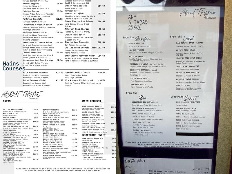 About Thyme Restaurant Menu