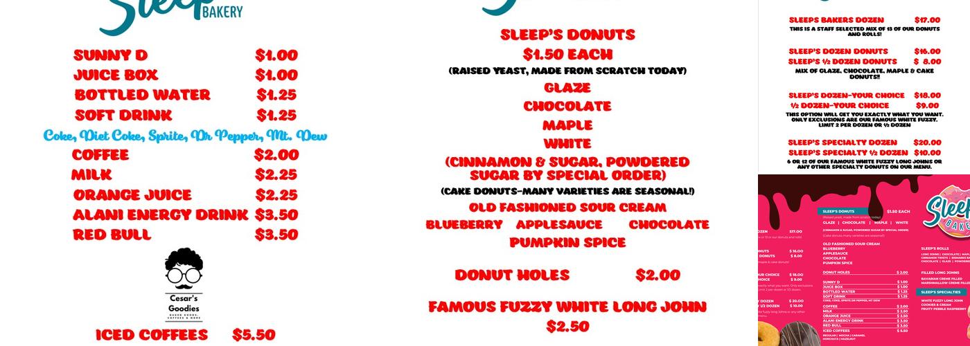 Sleeps Bakery Menu