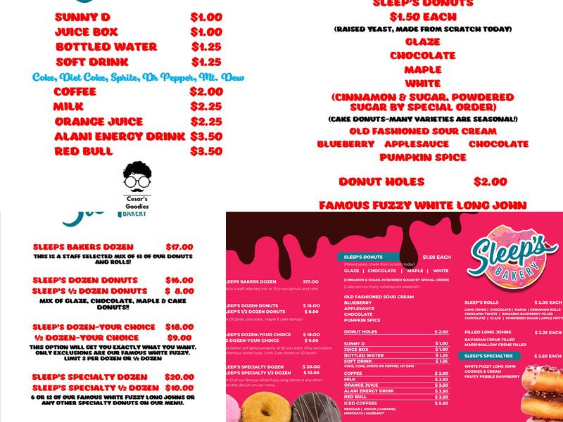 Sleeps Bakery Menu