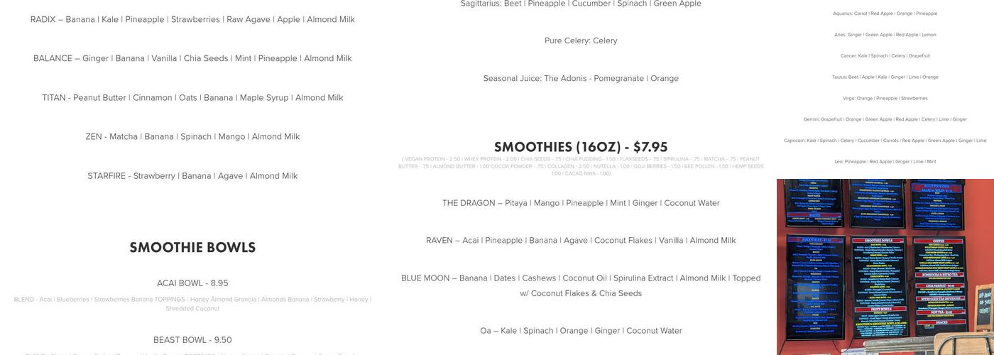 Zodiac Juiceology & Apothecary Menu
