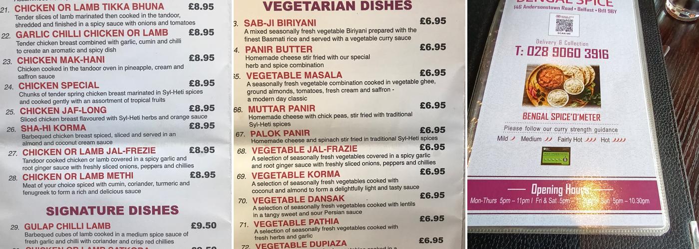 Bengal Spice Menu