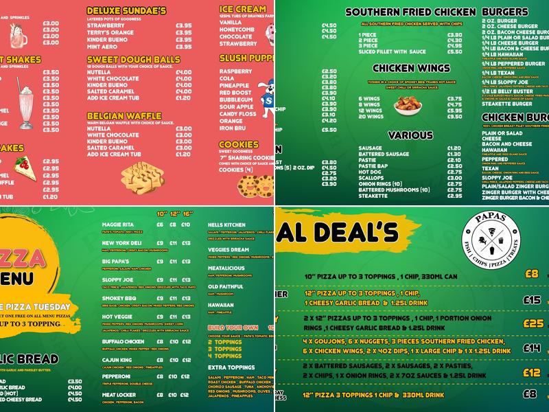 Papa's Fish - Chips - Pizza - Treats Menu