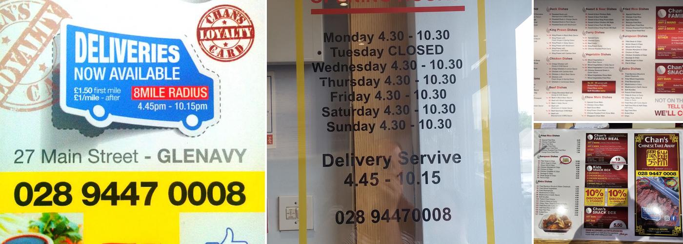 Chan's Chinese Take Away Menu