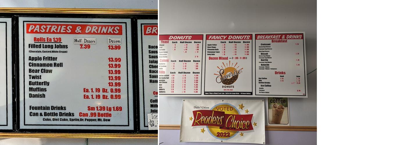 Sunrise Donuts Menu