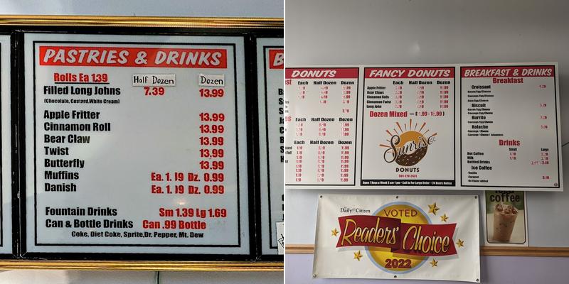 Sunrise Donuts Menu