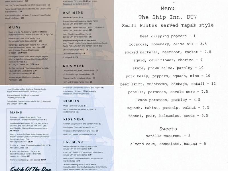 Ship Inn, Lyme Regis Menu