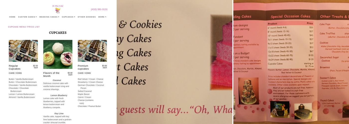 Oh, What A Cake! Menu