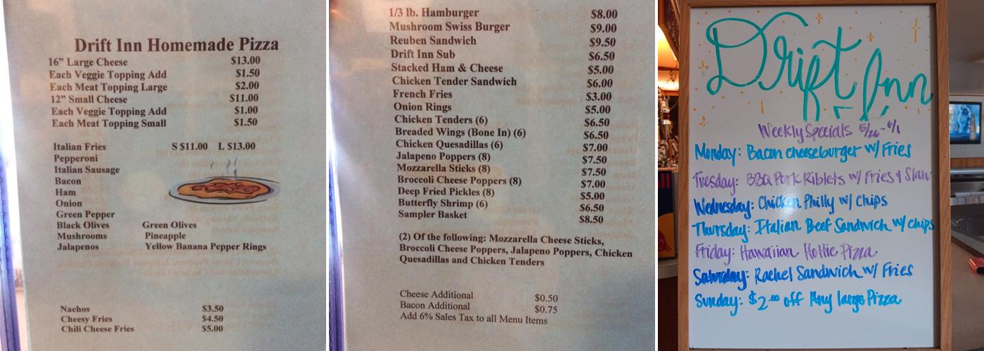 Drift-Inn Bar Menu