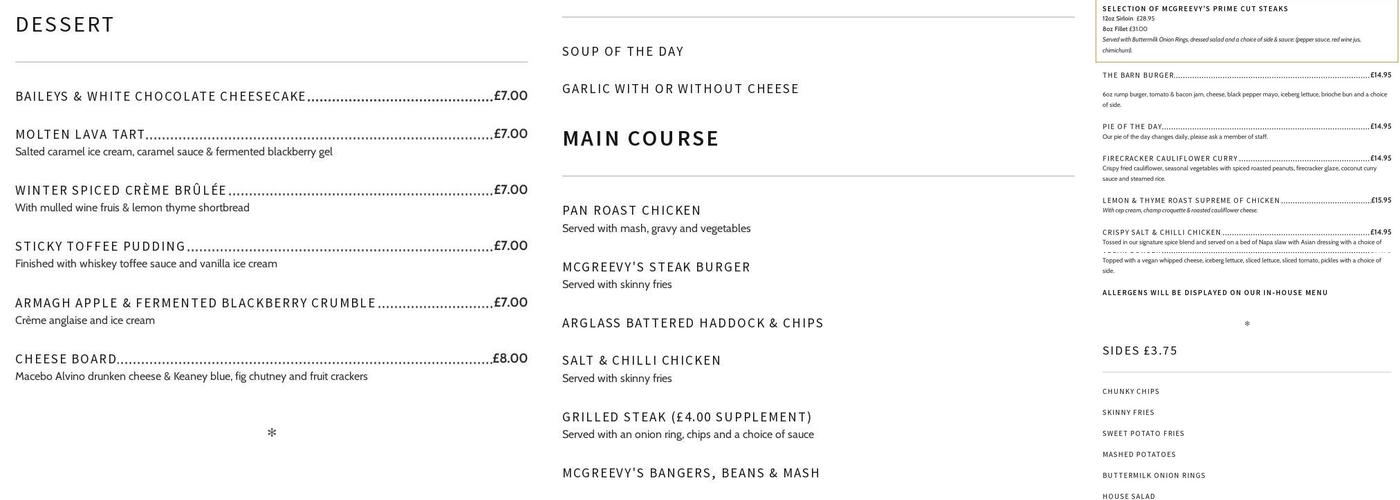The Barn Bar & Country Kitchen Menu