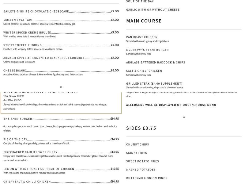 The Barn Bar & Country Kitchen Menu