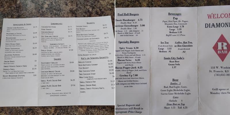 Diamond R Bar Menu
