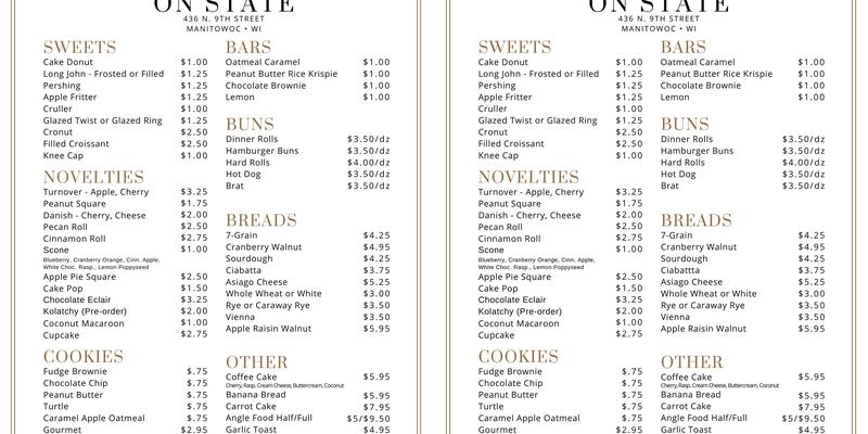 Bakery on State Menu
