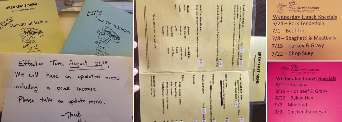 Cathy Cake's Main Street Station Menu