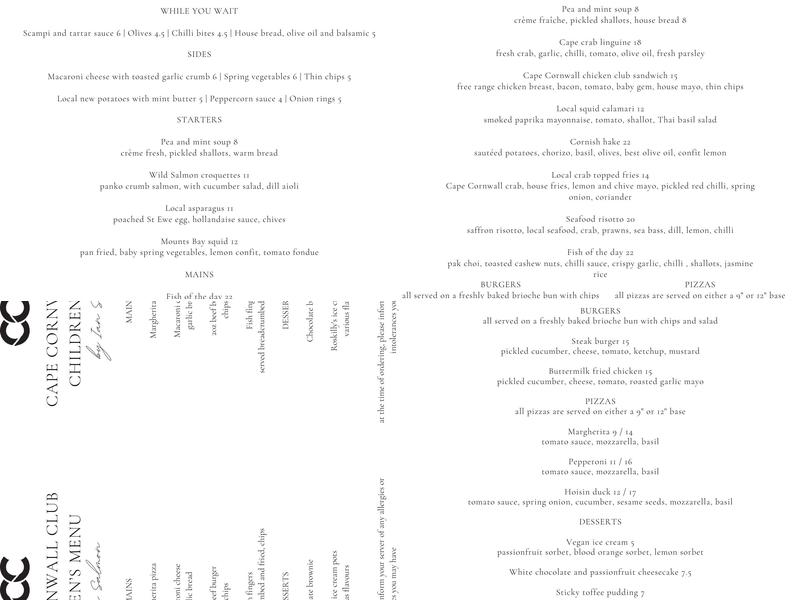 Cape Cornwall Club Menu
