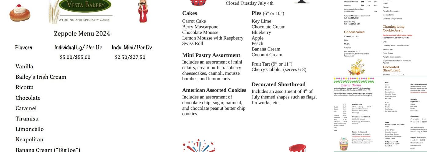 Vesta Bakery Menu