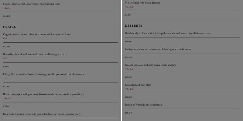 Amphitheatre Restaurant Menu