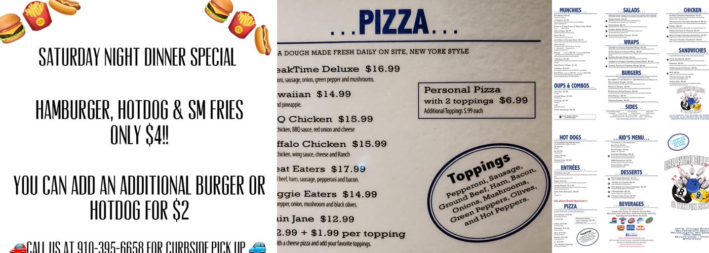 Breaktime Billiards Menu