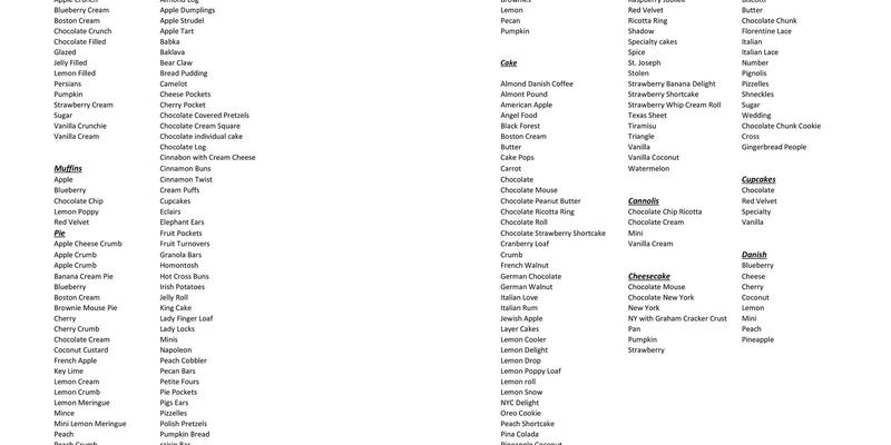 Maria’s Prime Time Bakery Menu