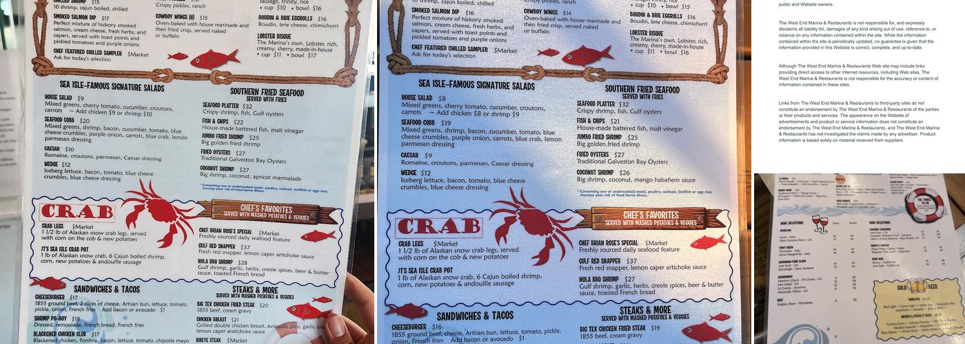 The West End Marina and Restaurants Menu