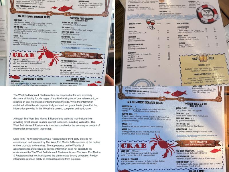 The West End Marina and Restaurants Menu