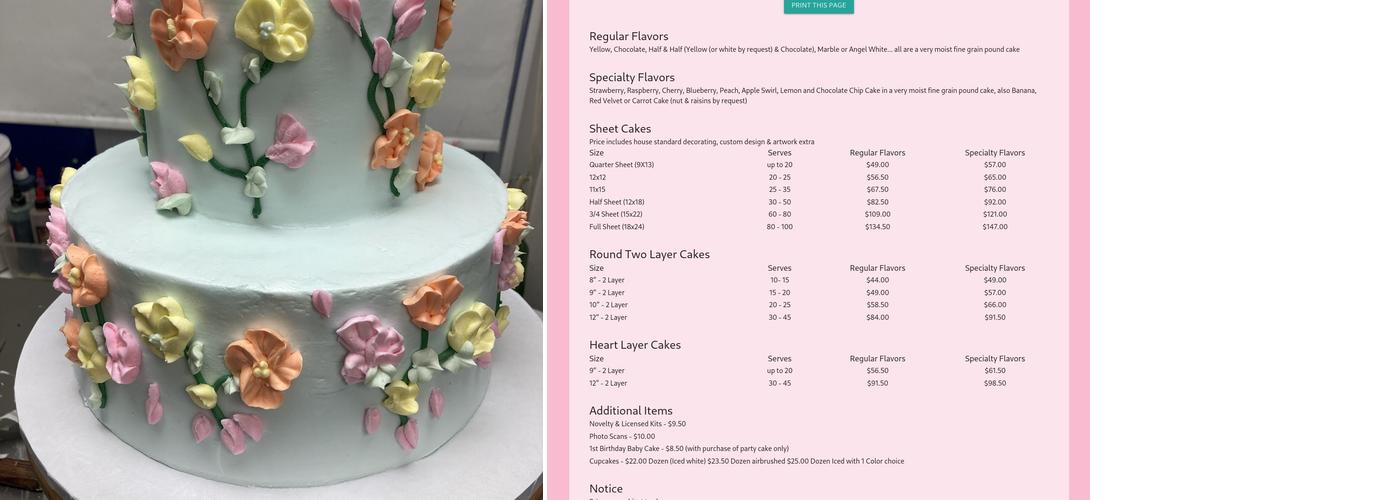 Dice's Creative Cakes Menu