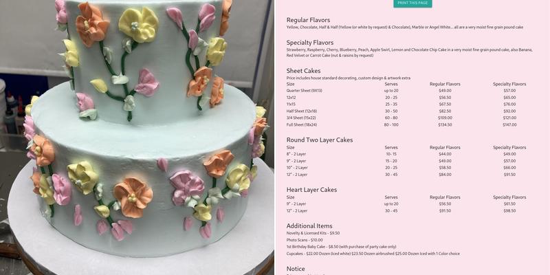 Dice's Creative Cakes Menu