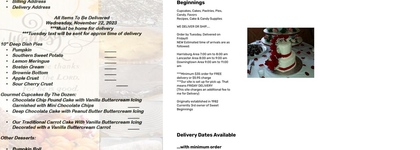 Sharon's Sweet Beginnings Menu
