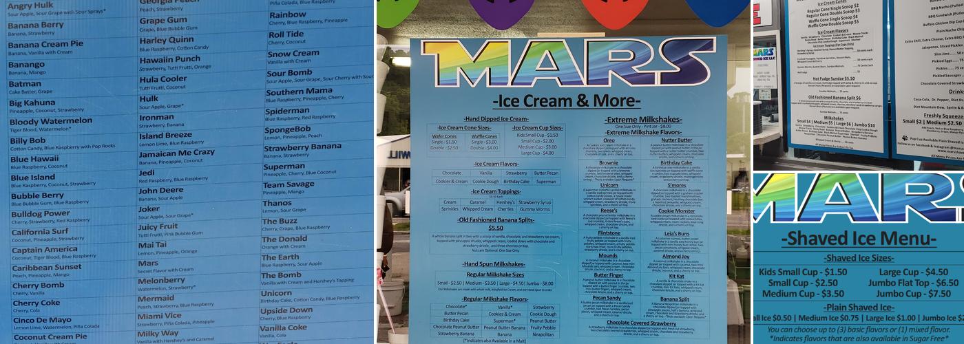 Mars Shaved Ice- Gadsden, AL Menu