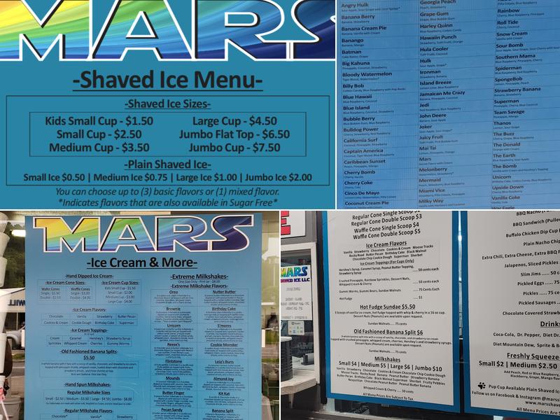 Mars Shaved Ice- Gadsden, AL Menu