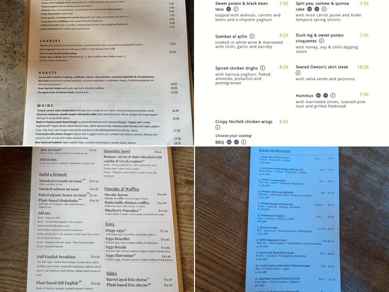 The Hercules, Lambeth Menu
