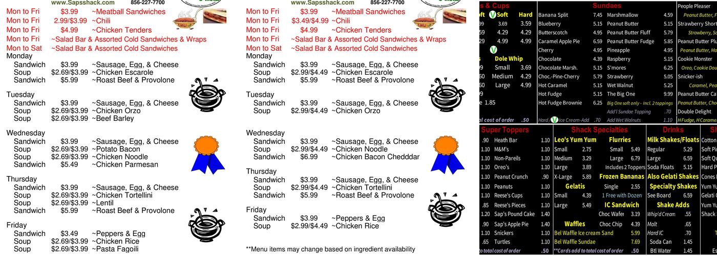 Sap’s Custard Shack Menu