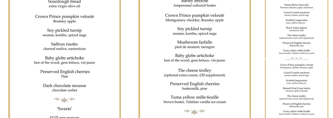 Ormer Mayfair Restaurant Menu