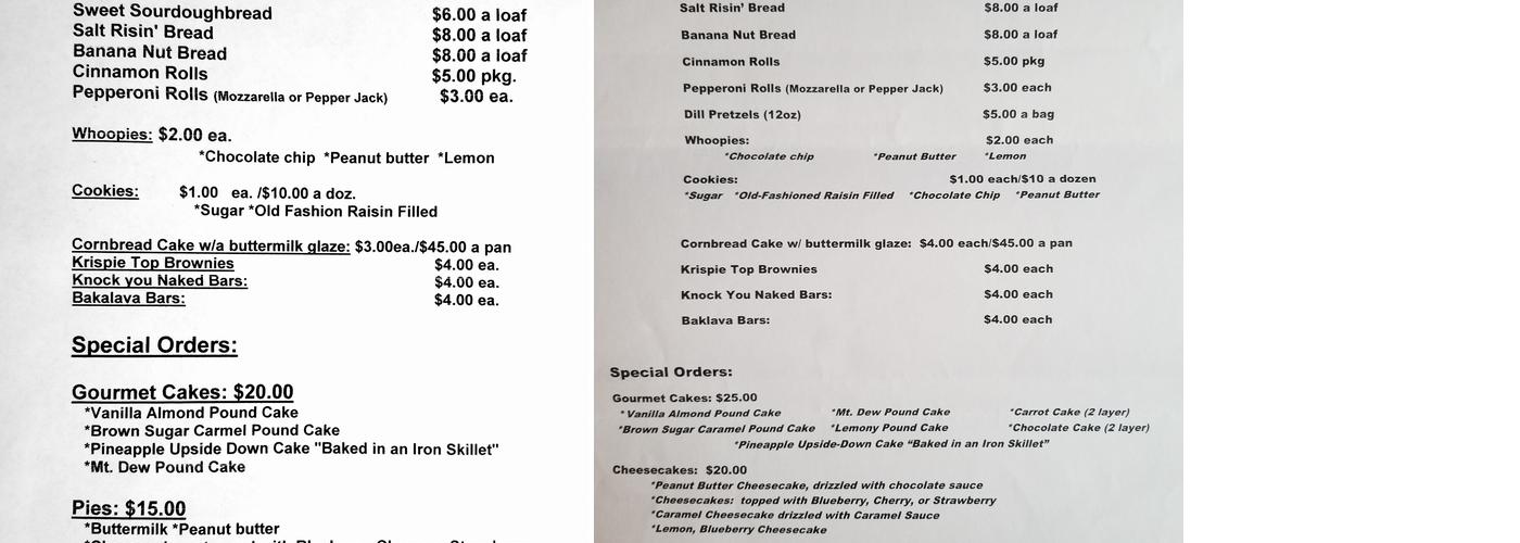 Sugar Shack Bakery Menu