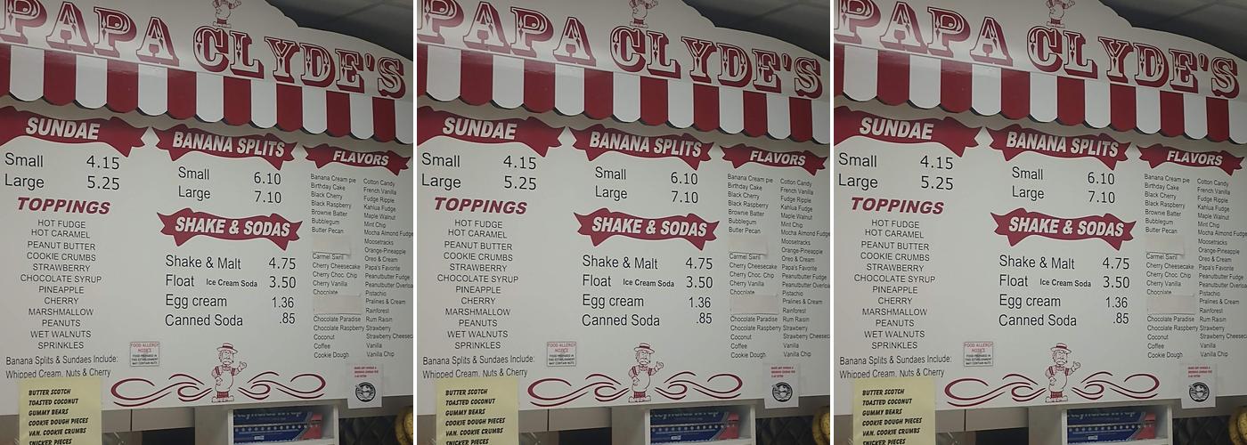 Papa Clyde's Ice Cream Menu