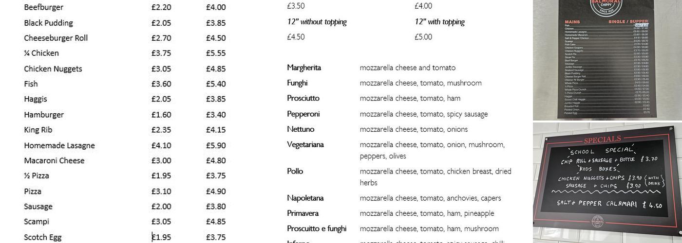 Balmoral Chippy Menu