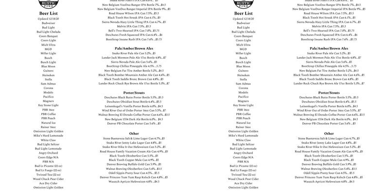 Rustic Pine Tavern Menu