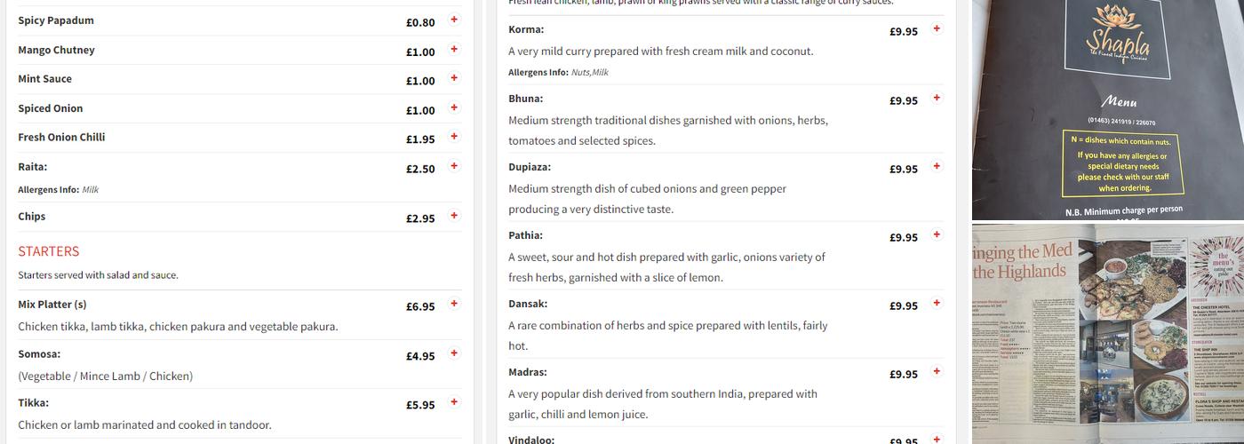 Shapla Restaurant Menu