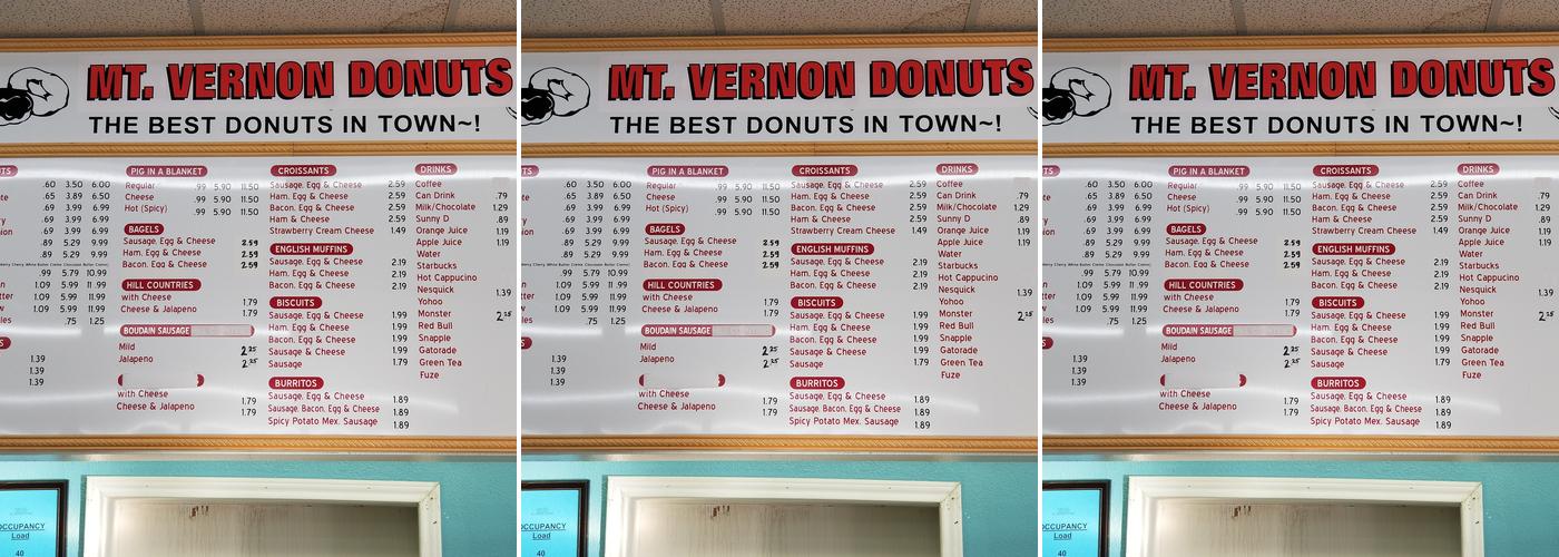 Mt Vernon Donuts Menu
