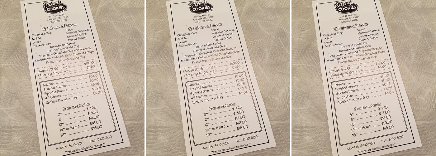 Eileen's Colossal Cookies Menu