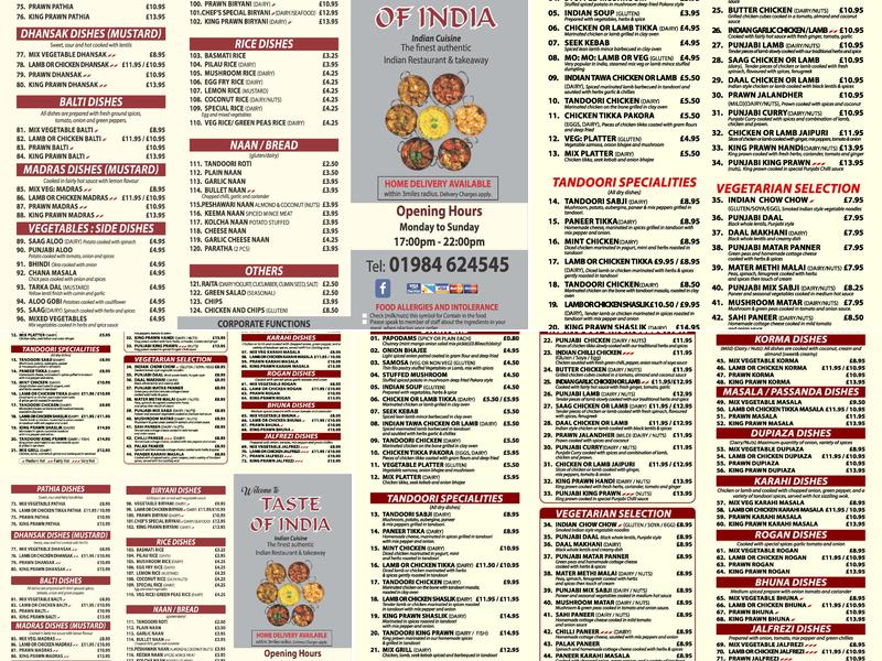 Taste of India Menu