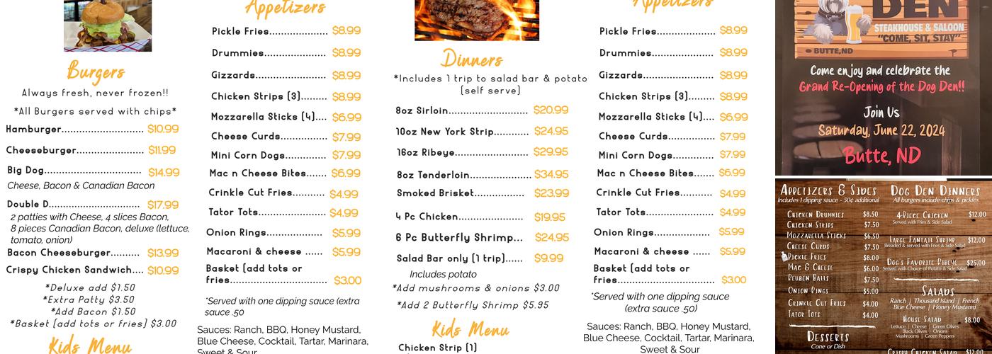 Dog Den Steakhouse & Saloon Menu
