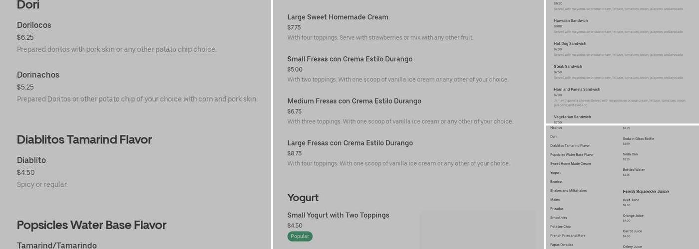 Paleteria 100% Michoacana Menu