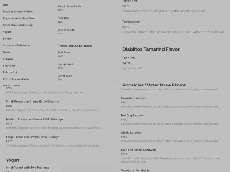 Paleteria 100% Michoacana Menu