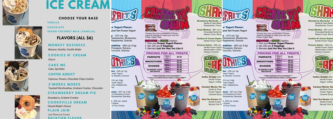 20 Degrees Frozen Yogurt Lounge Menu