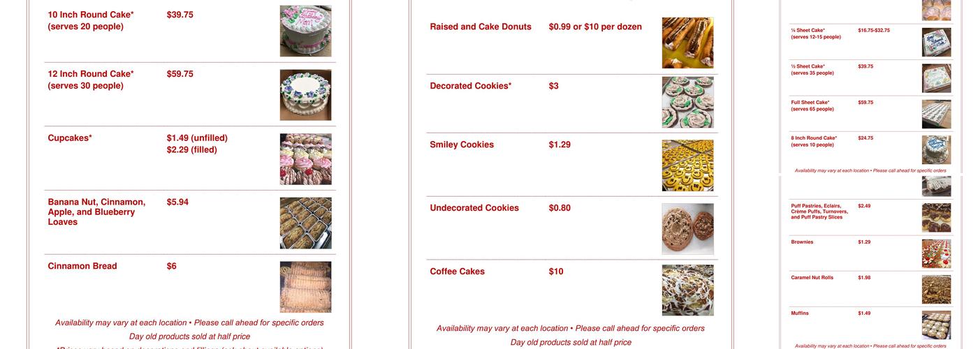 Steve's Bake Shop Menu