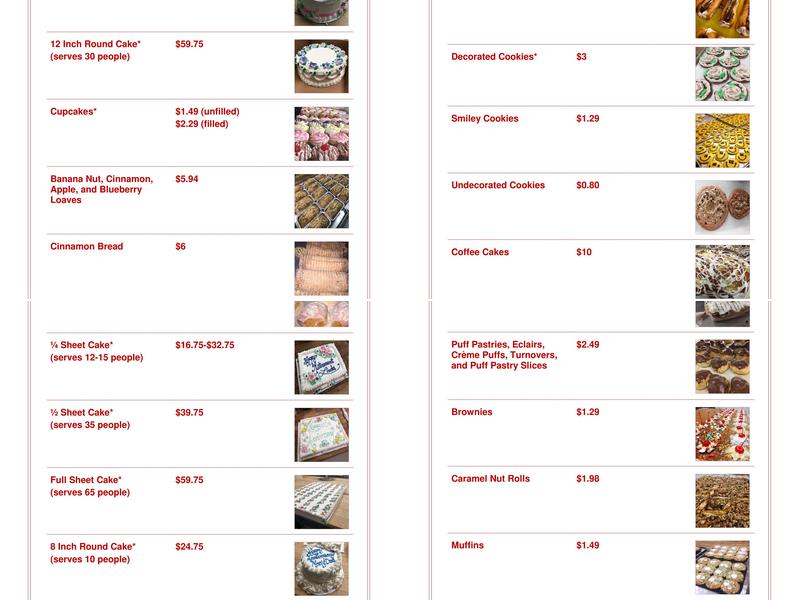 Steve's Bake Shop Menu